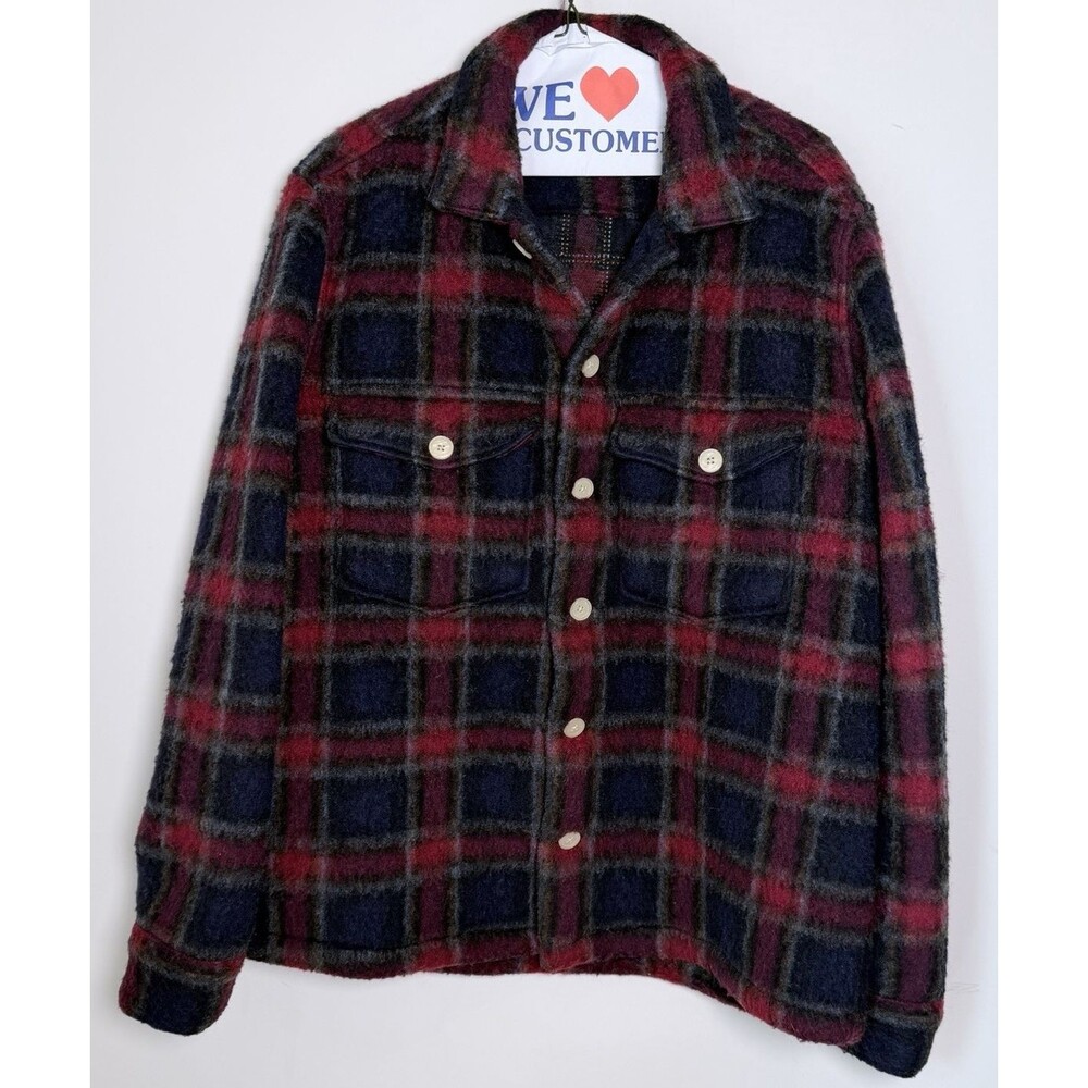 AllSaints Emerson Plaid Wool Blend Overshirt Mens L Relaxed Fit Red Navy